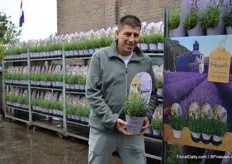 Nico Boers van GGG Grünewadl presenteert zijn Purple Perfume Lavendula, een nieuw concept waarbij een zakje in toegevoegd aande verpakking zodat de concument de lavendel erin kan doen zodat ze nog lang kunnen genieten van de geurende bloementjes.